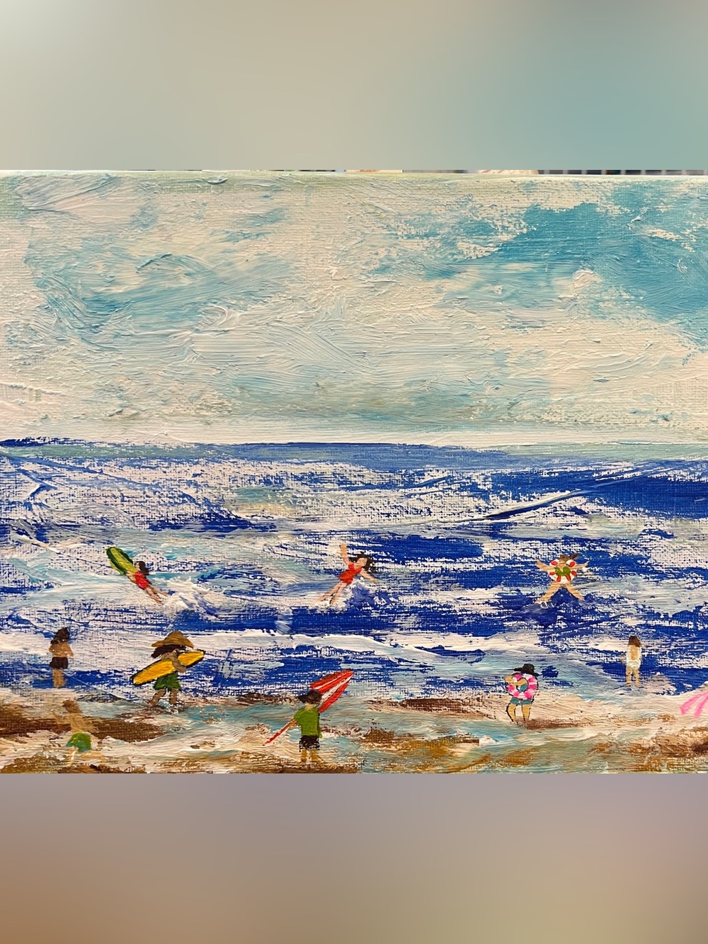 Original hand paint it 3-D little people beach ocean coastal artwork
